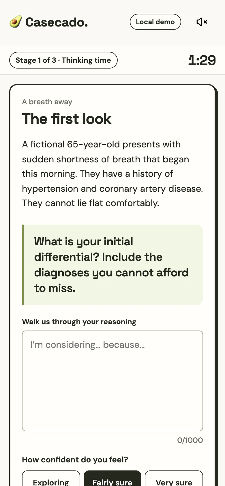 Participant phone showing a clinical question, free text answer, and confidence choices
