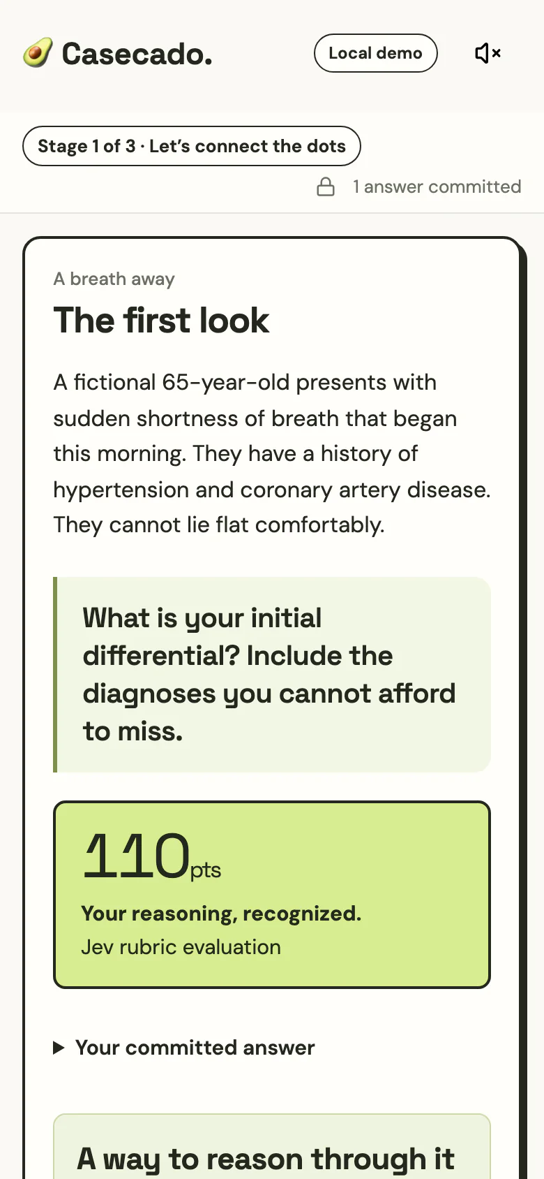 Participant phone showing the revealed answer, rubric evaluation, and score